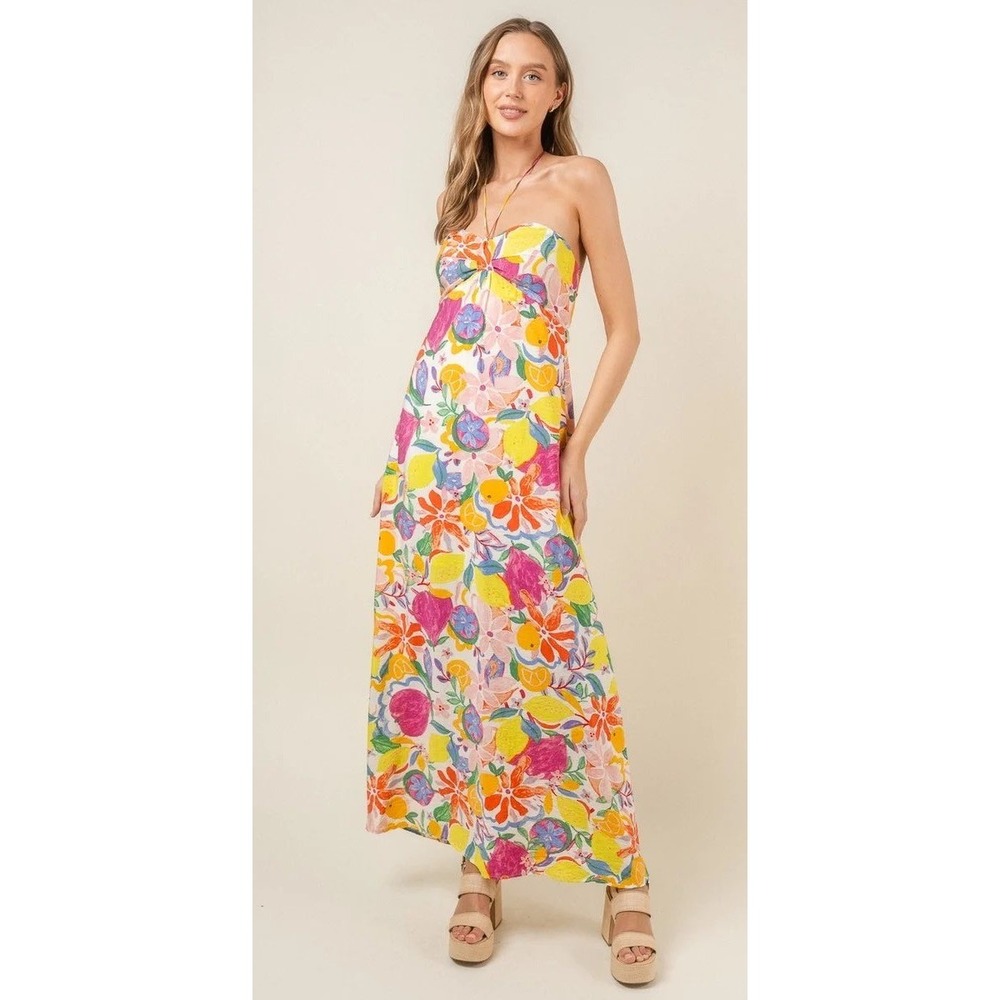 FORE Maxi Dress Women Large White Yellow Strapless Fruit Floral Tie Back Boho